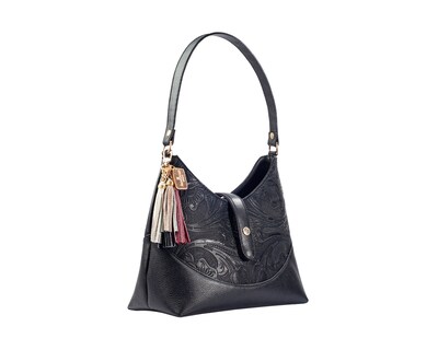 Foto 4 | Bolso Hobo A Ángelozano De Piel Vacuna Con Grabado Tipo Cincelado, Color Negro, Modelo Magali