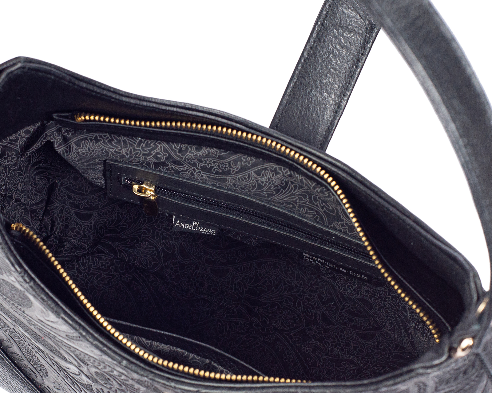 Foto 5 | Bolso Hobo A Ángelozano De Piel Vacuna Con Grabado Tipo Cincelado, Color Negro, Modelo Magali