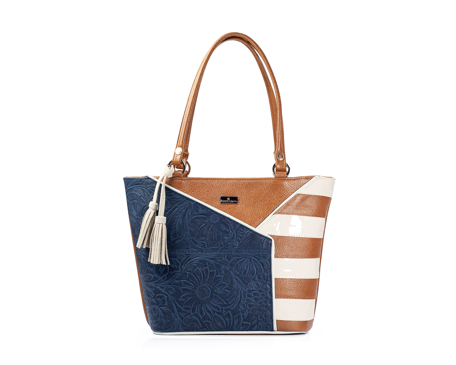Foto 1 | Bolso Tote A Ángelozano De Piel Vacuna Con Franjas, Color Negro, Modelo Florentina
