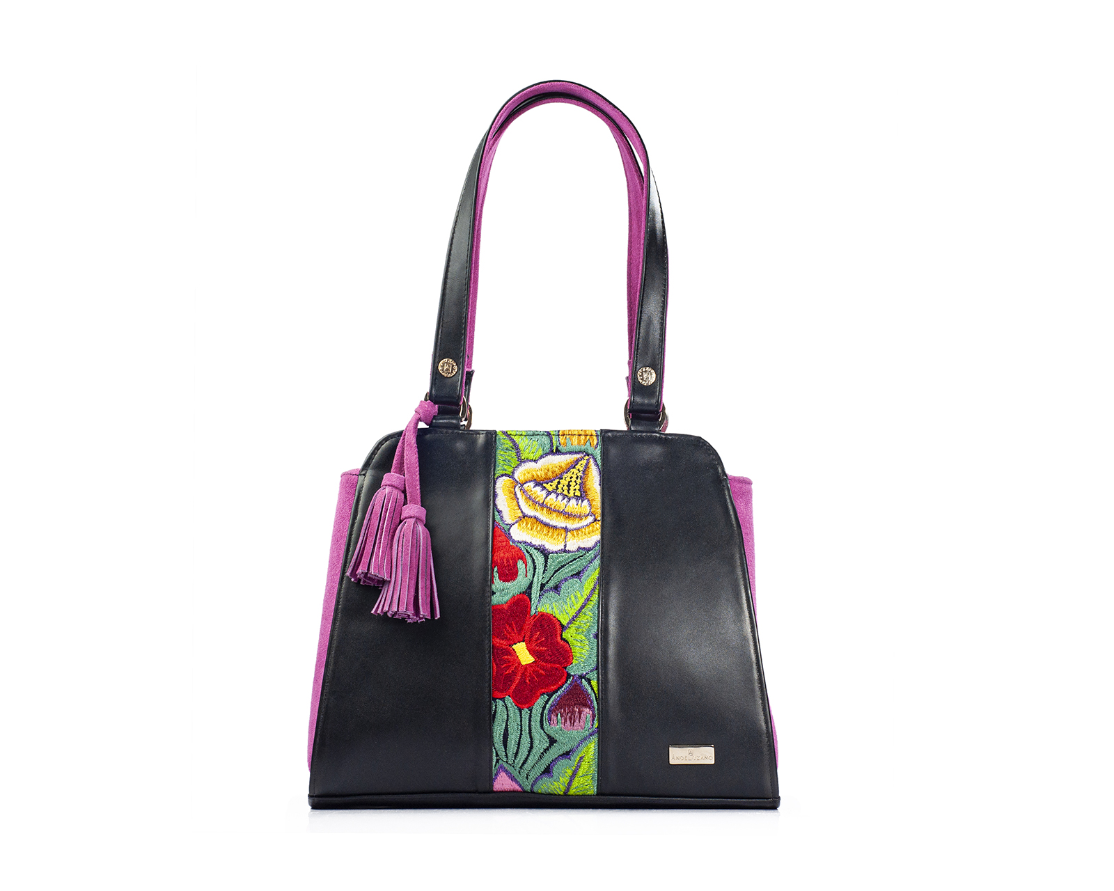 Foto 2 pulgar | Bolso Tote A Ángelozano De Piel Vacuna Con Telar Artesanal, Color Negro, Modelo Ire