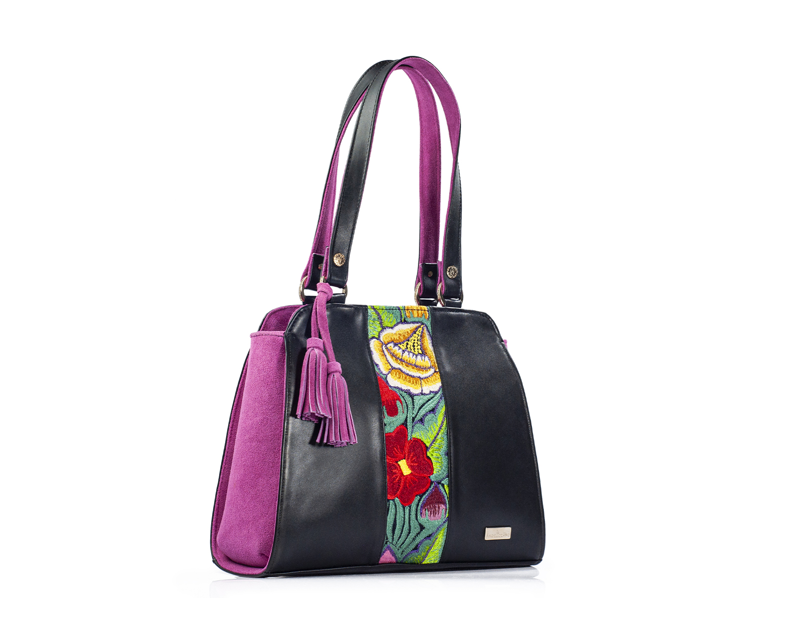 Foto 8 pulgar | Bolso Tote A Ángelozano De Piel Vacuna Con Telar Artesanal, Color Negro, Modelo Ire