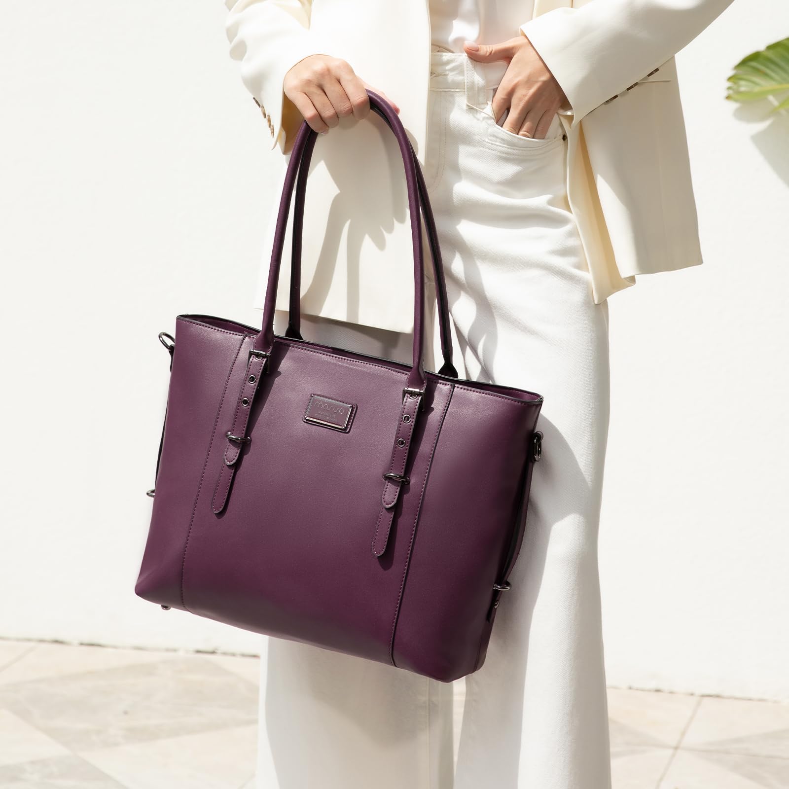 Foto 2 | Bolso De Mano Mosiso De Piel Sintética Para Portátil Para Mujer De 15 A 16 Pulgadas, Color Ciruela - Venta Internacio