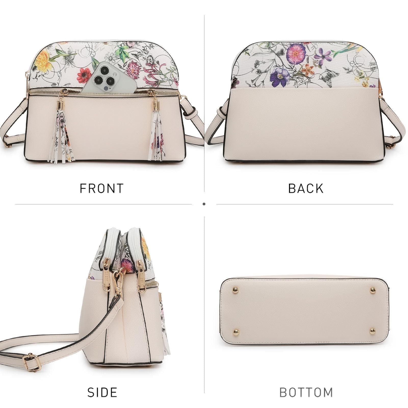 Foto 4 pulgar | Bandolera Dasein Para Mujer, Borla, Bolsillo Con Cremallera, Flor Blanca - Venta Internacional.