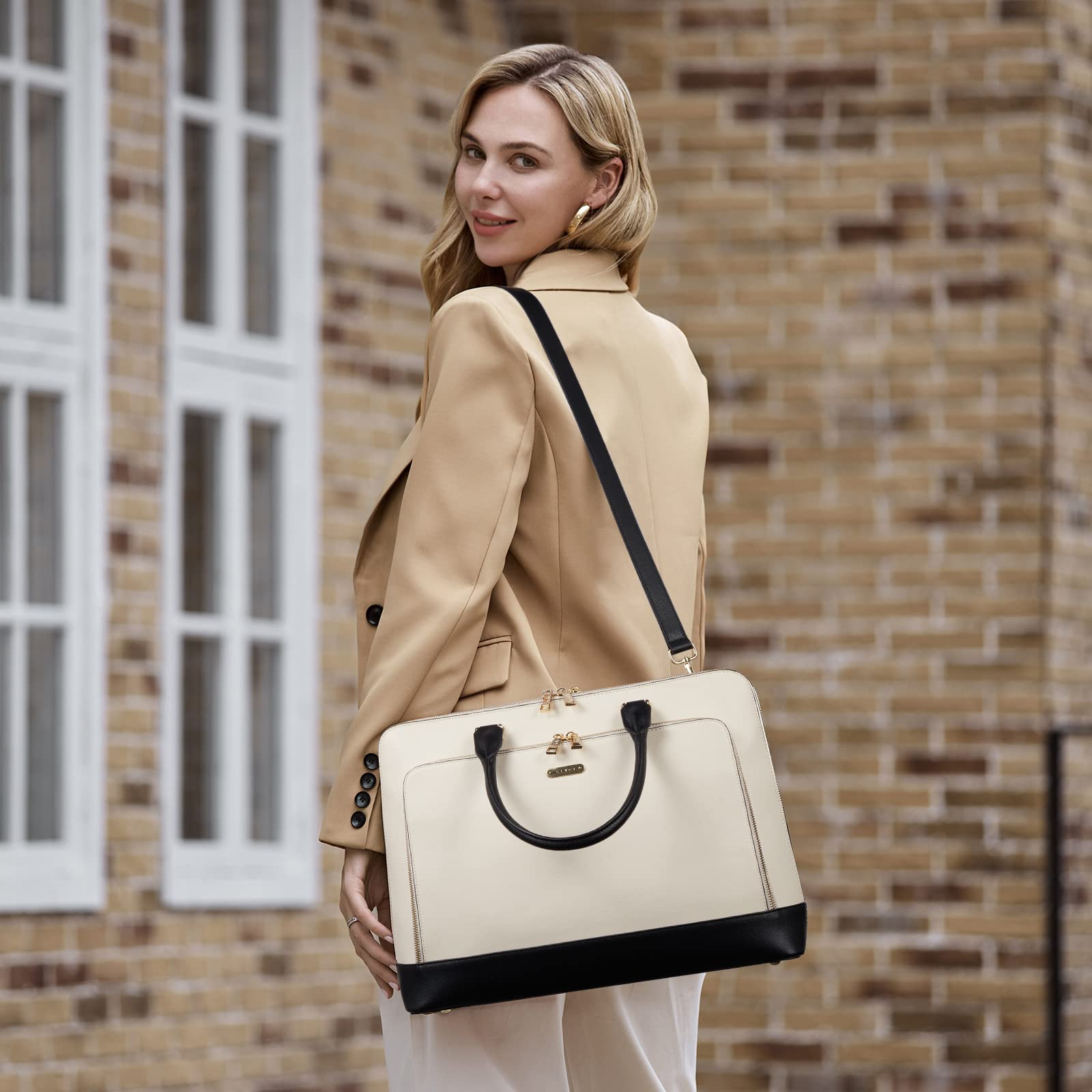 Foto 2 | Maletín Cluci De Piel Para Portátil De 15.6 Pulgadas, Color Beige-negro - Venta Internacional.