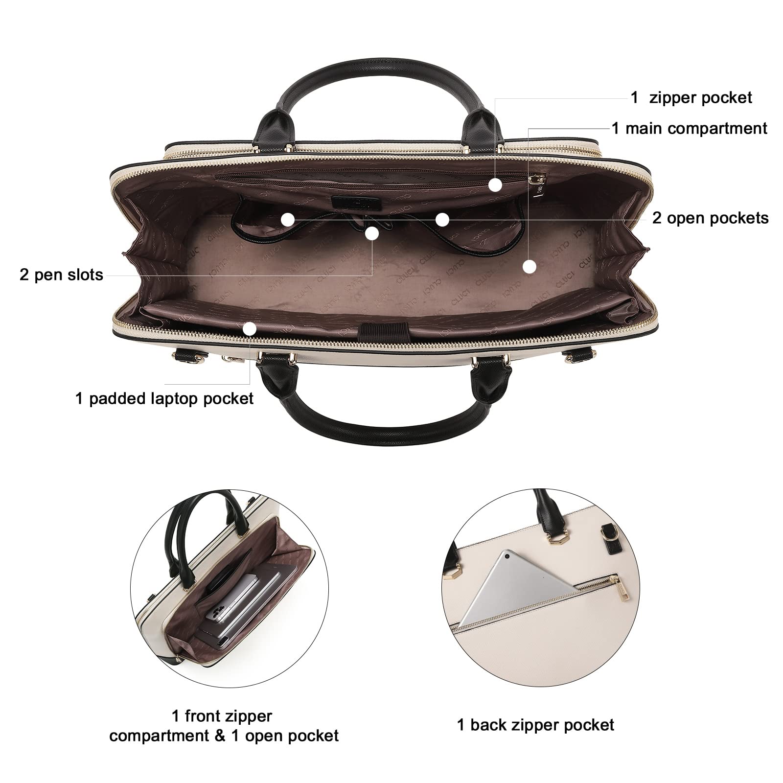 Foto 4 | Maletín Cluci De Piel Para Portátil De 15.6 Pulgadas, Color Beige-negro - Venta Internacional.