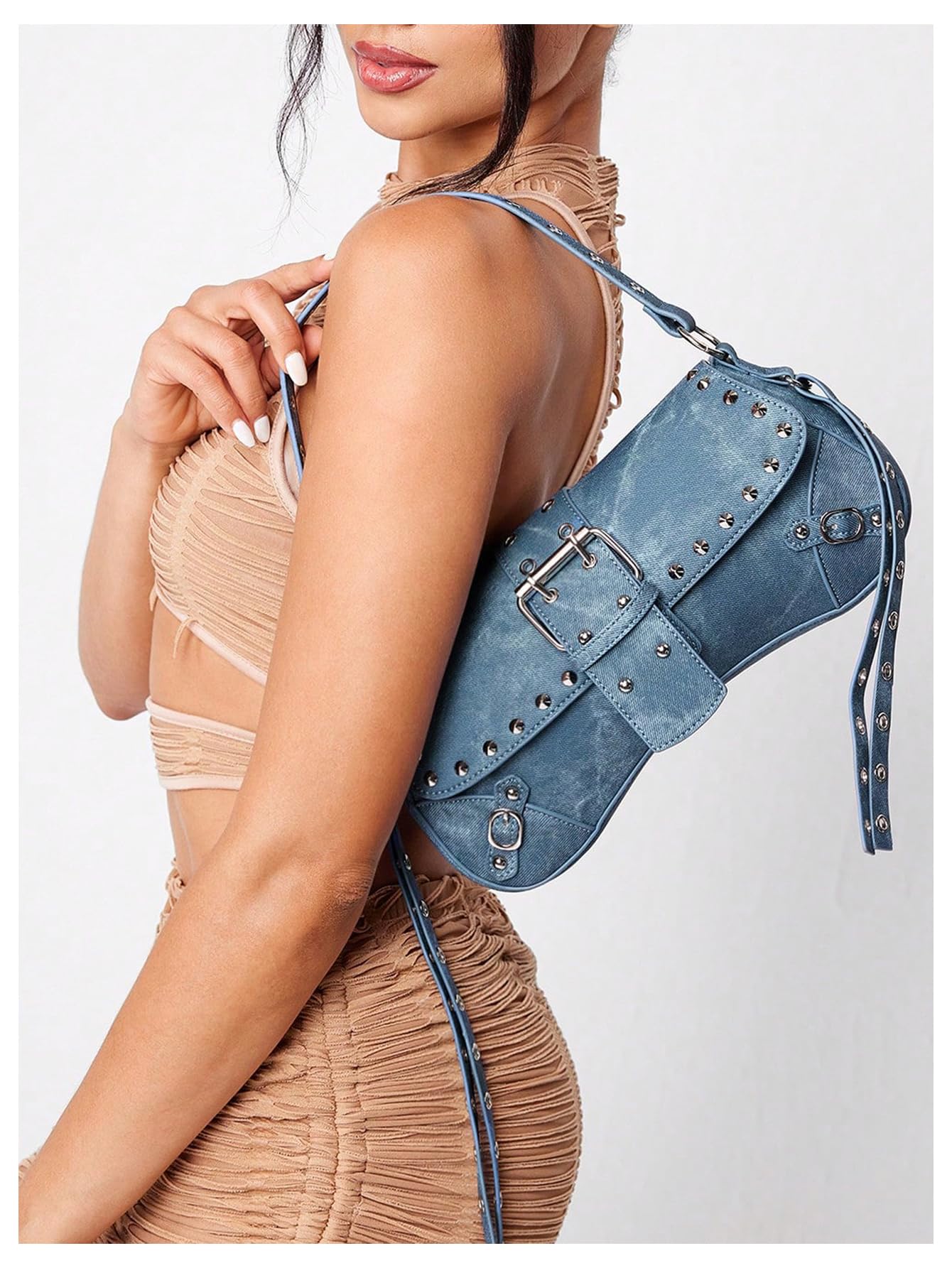 Foto 6 | Bolso De Hombro Verdusa Y2k Bolso De Mano Gótico Con Tachuelas Punk Remaches Azul - Venta Internacional.