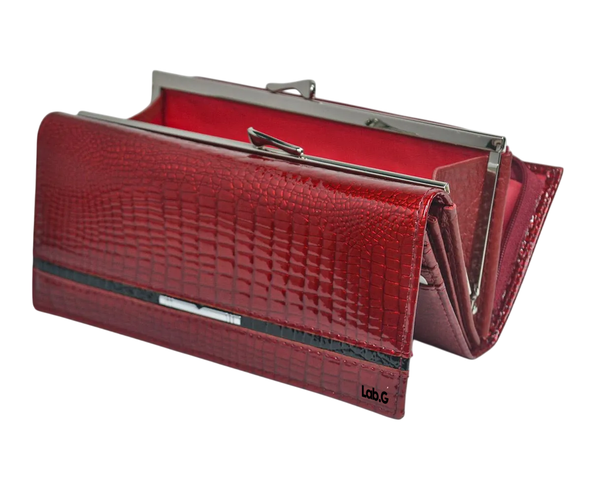 Piel Genuina Cartera Lab.g Mujer Largo Lujo Patrón De Cocodrilo Rojo