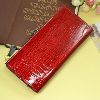 Foto 3 | Piel Genuina Cartera Lab.g Mujer Largo Lujo Patrón De Cocodrilo Rojo