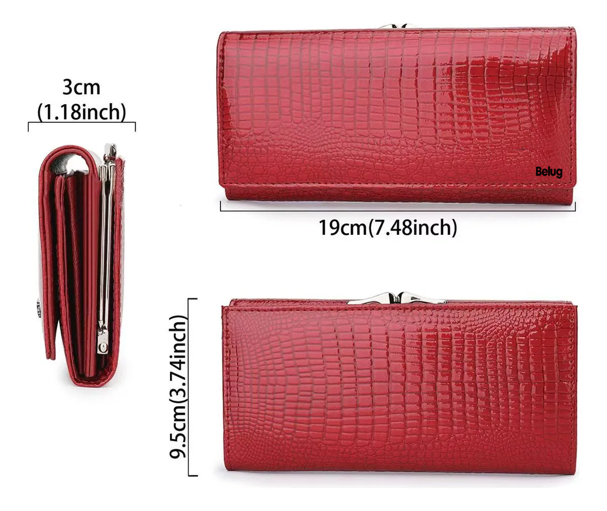 Foto 5 pulgar | Cartera Belug Piel Genuina Patrón De La Tela Rayas De Cocodrilo 19x9,5x3cm Rojo