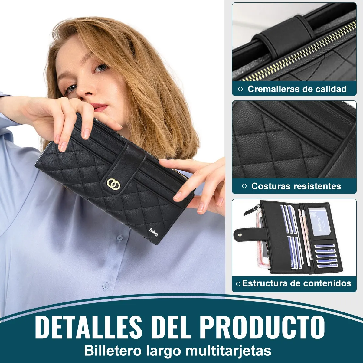 Foto 3 pulgar | Cartera Belug Larga De Cuero Para Mujer Negro