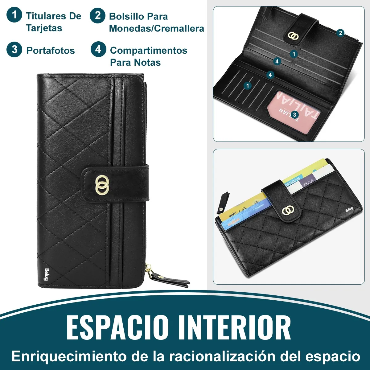 Foto 4 pulgar | Cartera Belug Larga De Cuero Para Mujer Negro