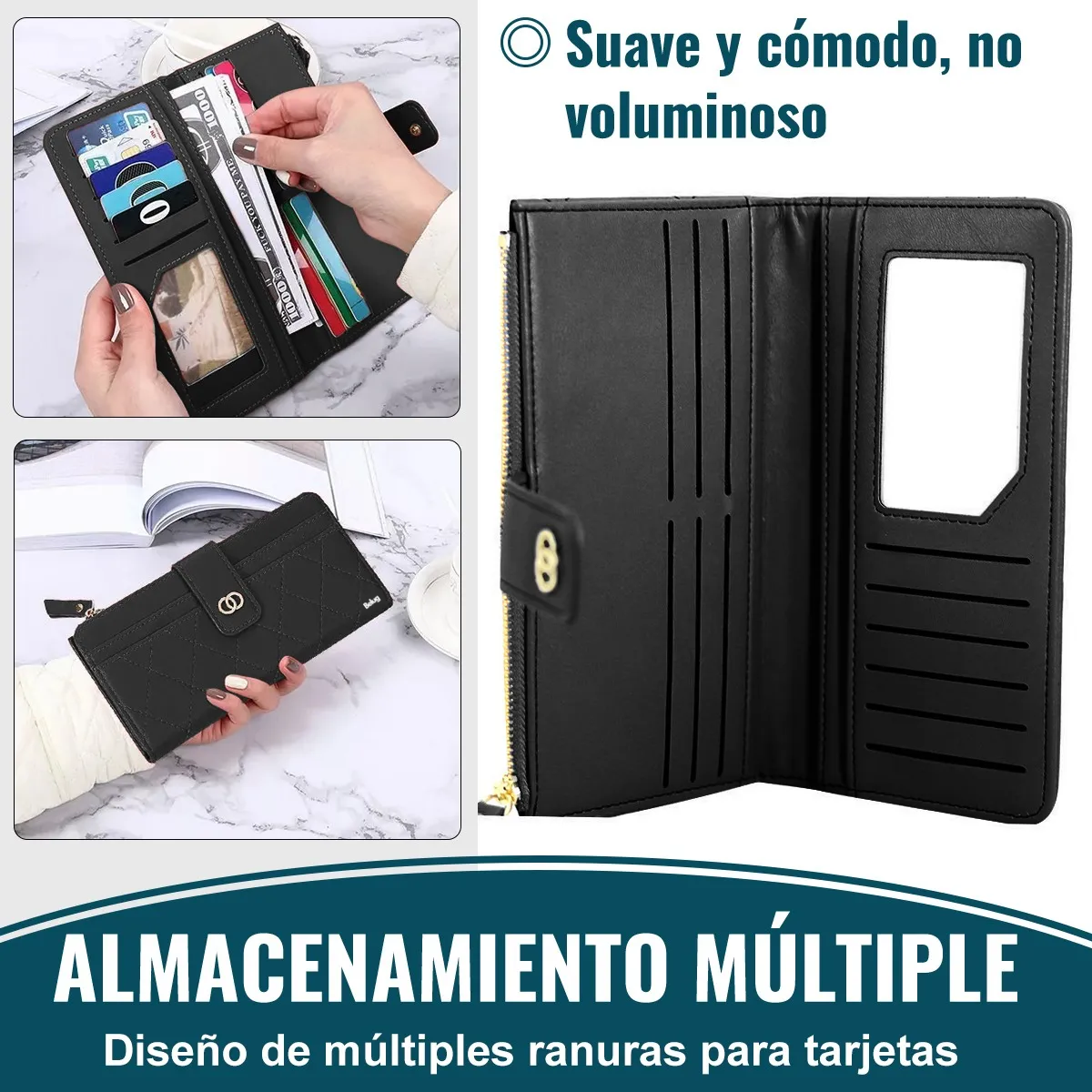 Foto 5 pulgar | Cartera Belug Larga De Cuero Para Mujer Negro