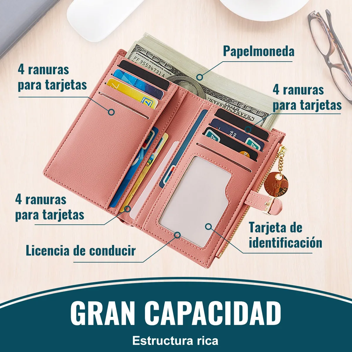Foto 4 | Cartera Lab.g Pequeña Con Tarjetero Para Mujer Rosa
