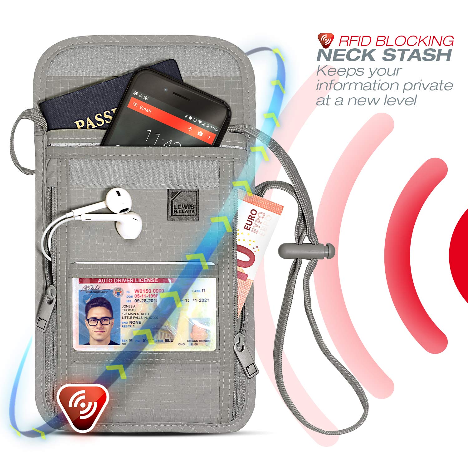 Foto 4 pulgar | Cartera Con Cuello Lewis N. Clark Con Bloqueo Rfid, Gris - Venta Internacional.