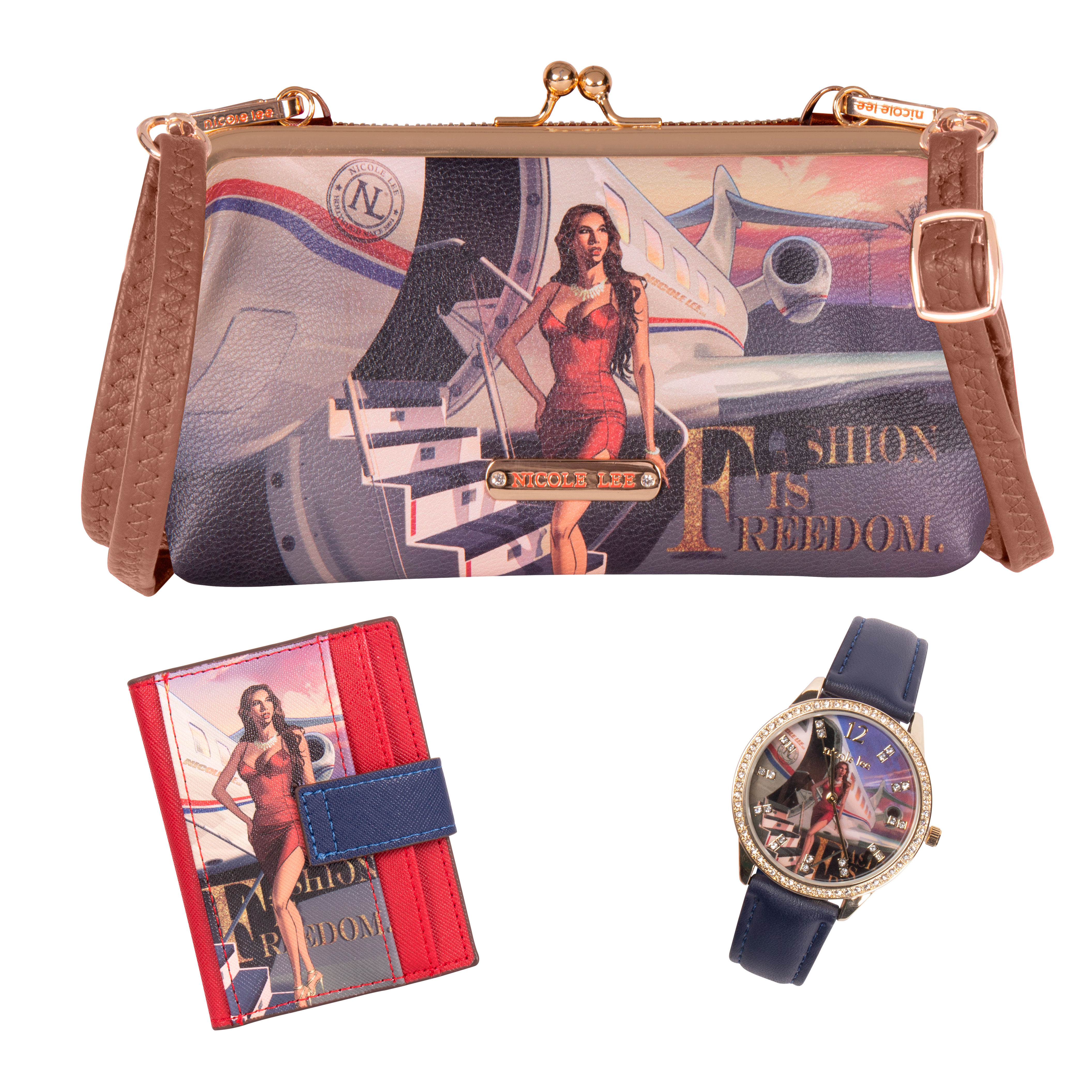 Set Nicole Lee Cartera Tarjetero y Reloj Travel In Fashion Multicolor
