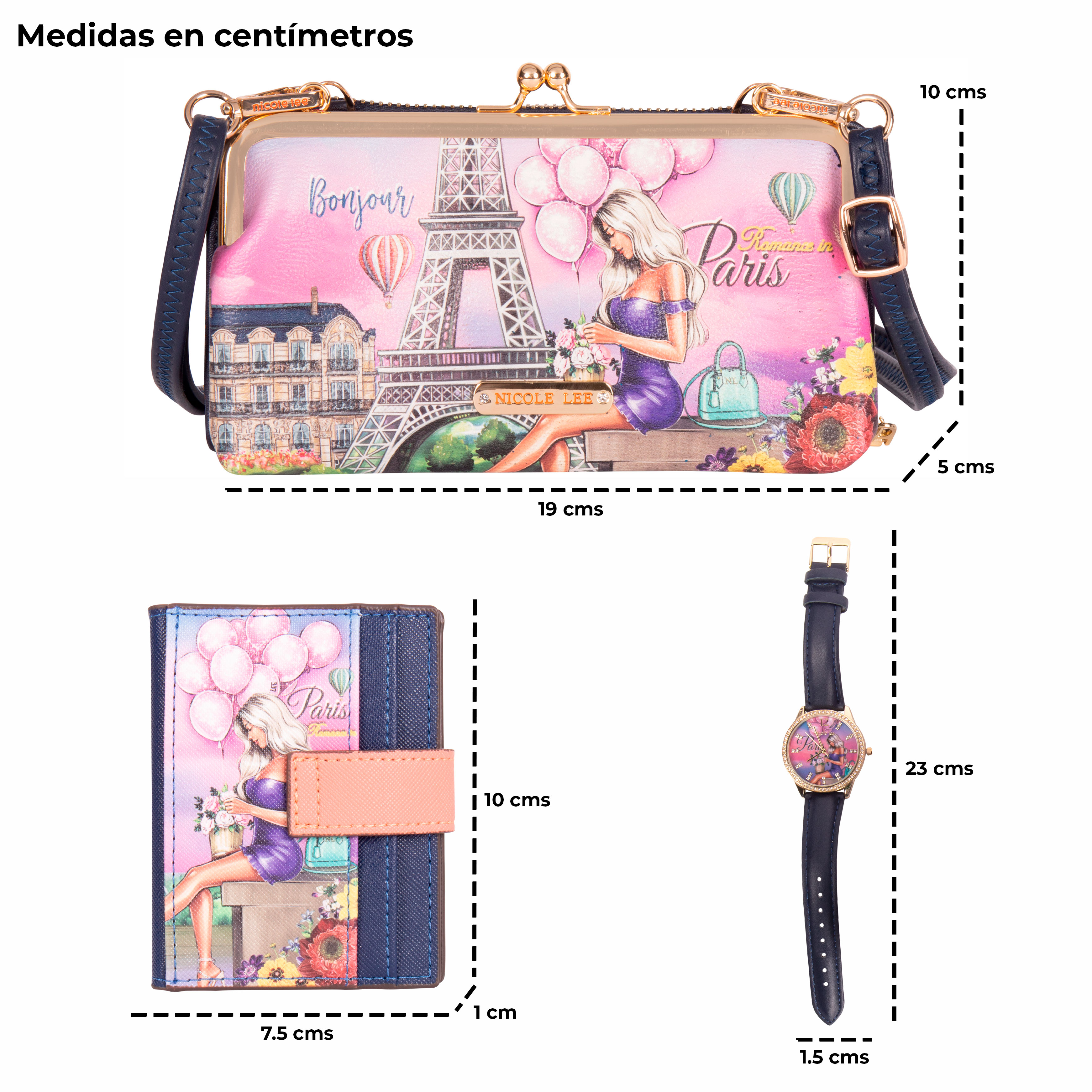 Foto 4 pulgar | Set Nicole Lee Cartera Tarjetero y Reloj Romance In Paris Multicolor