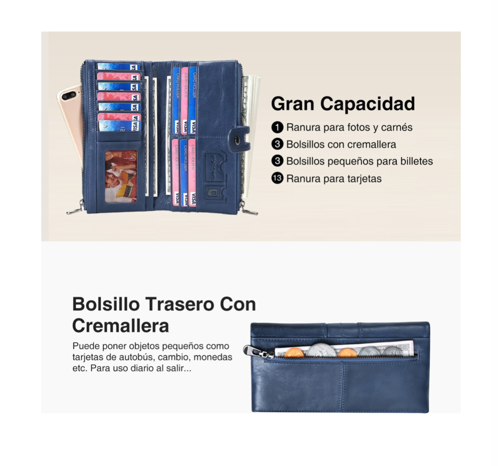 Foto 2 | Cartera De Cuero Azul Con Bloqueo Rfid