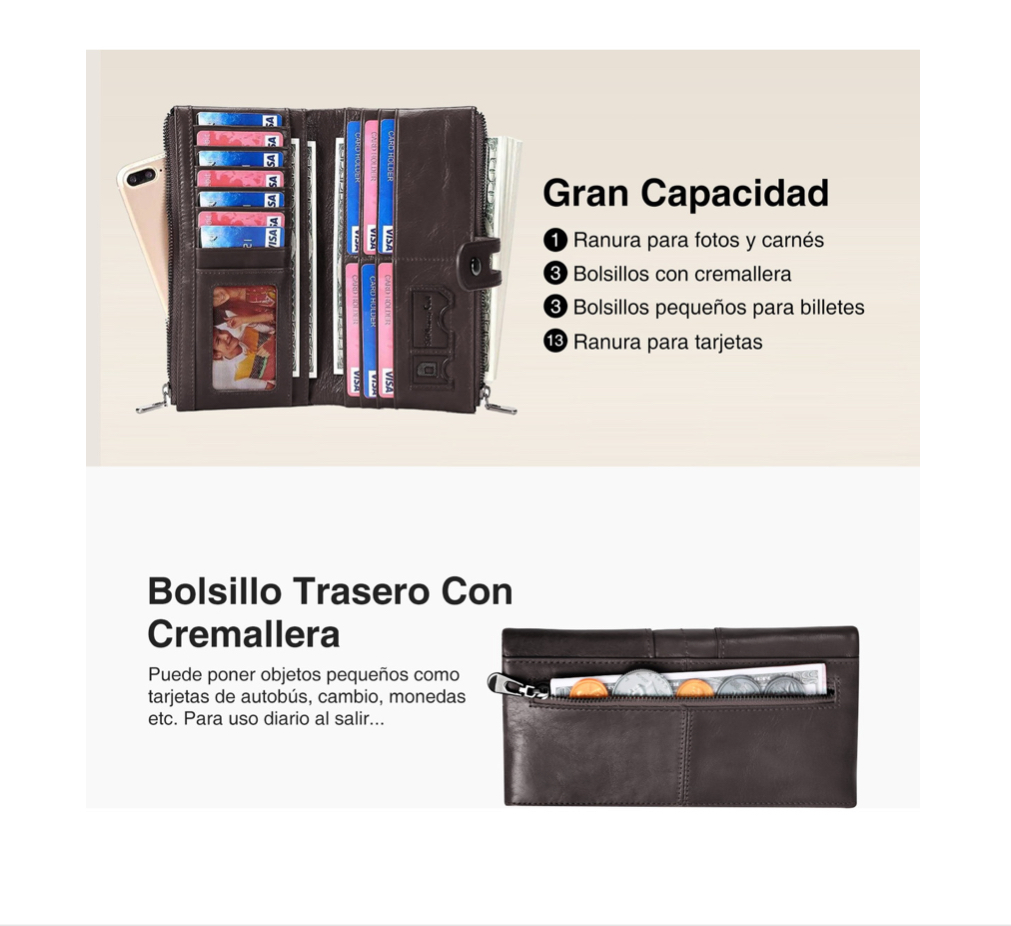 Foto 2 | Cartera De Cuero Marron Oscuro Con Bloqueo Rfid