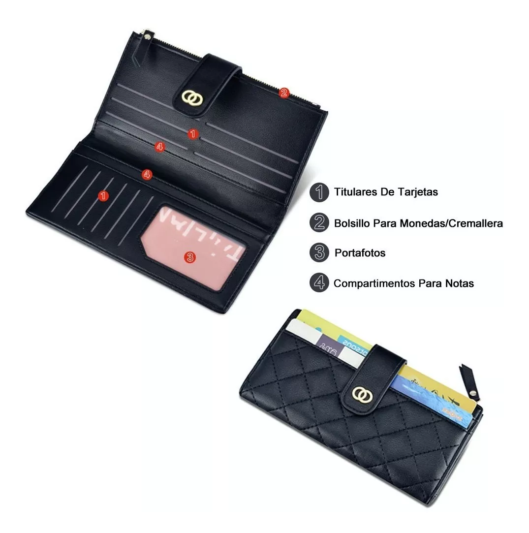 Foto 5 pulgar | Cartera Larga De Cuero Negro para Mujer