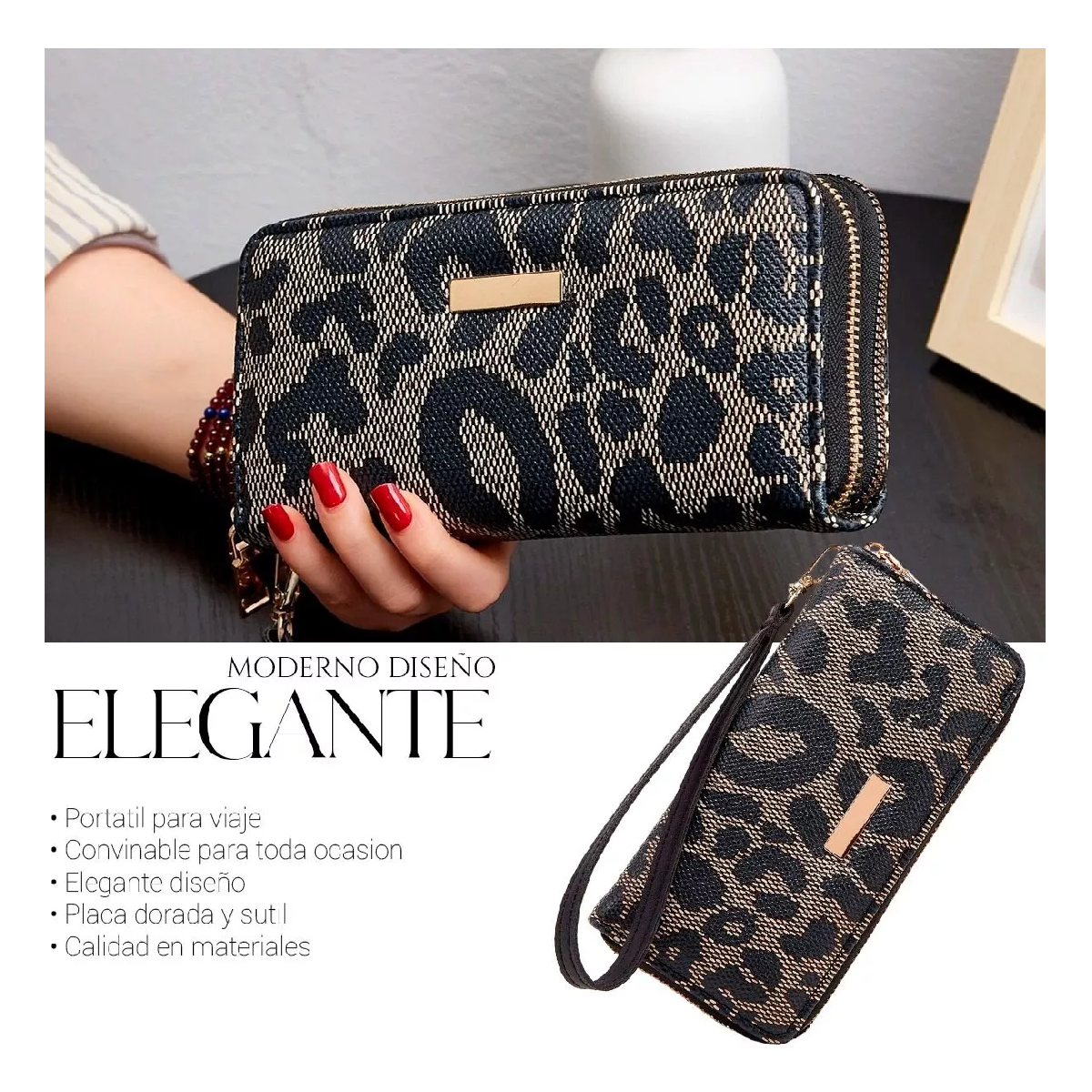 Foto 3 pulgar | Billetera Elegante Leopardo Negro Marron