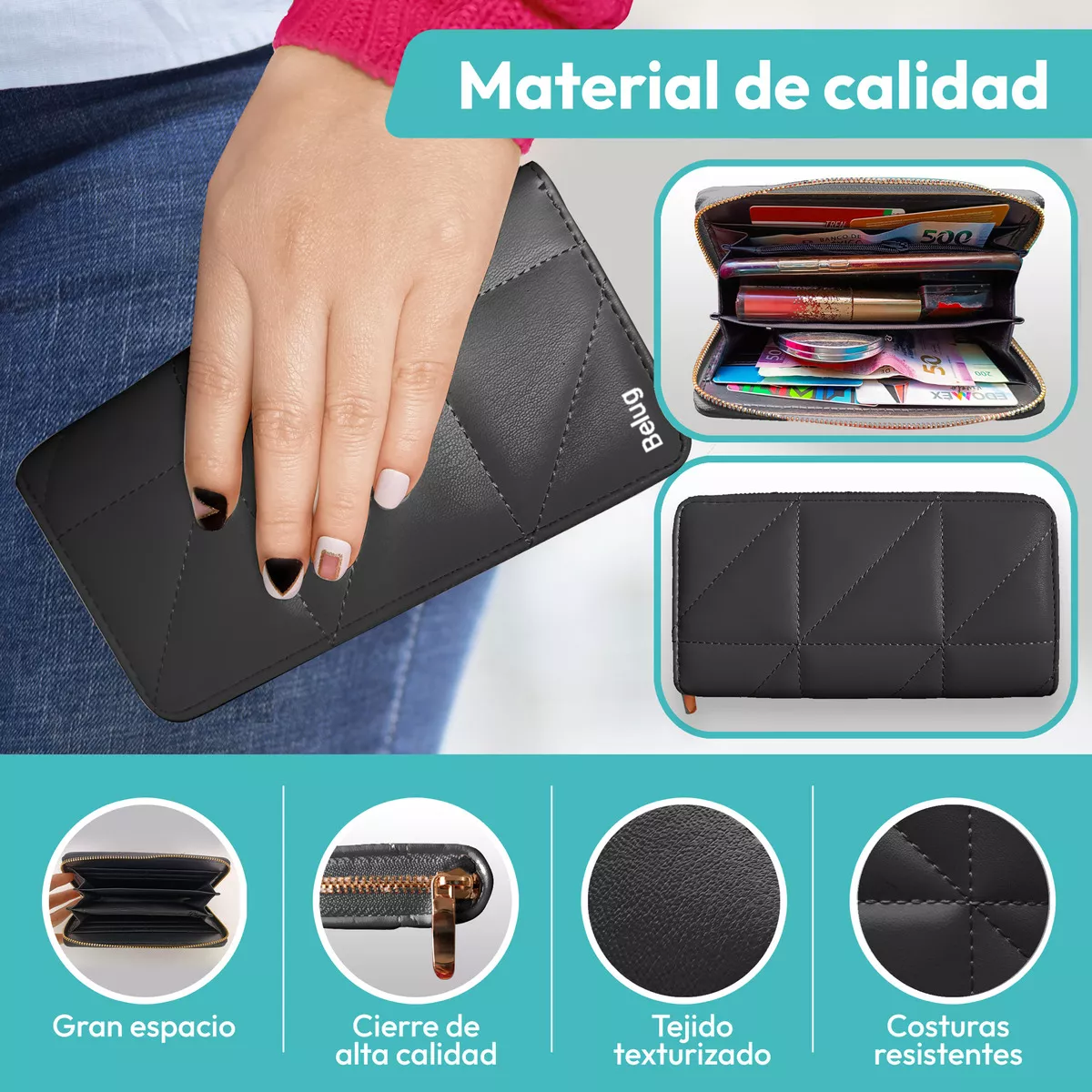 Foto 2 | Cartera Billeteras Tarjetera Moderna Para Dama Color Negro Diseño De La Tela Rayas