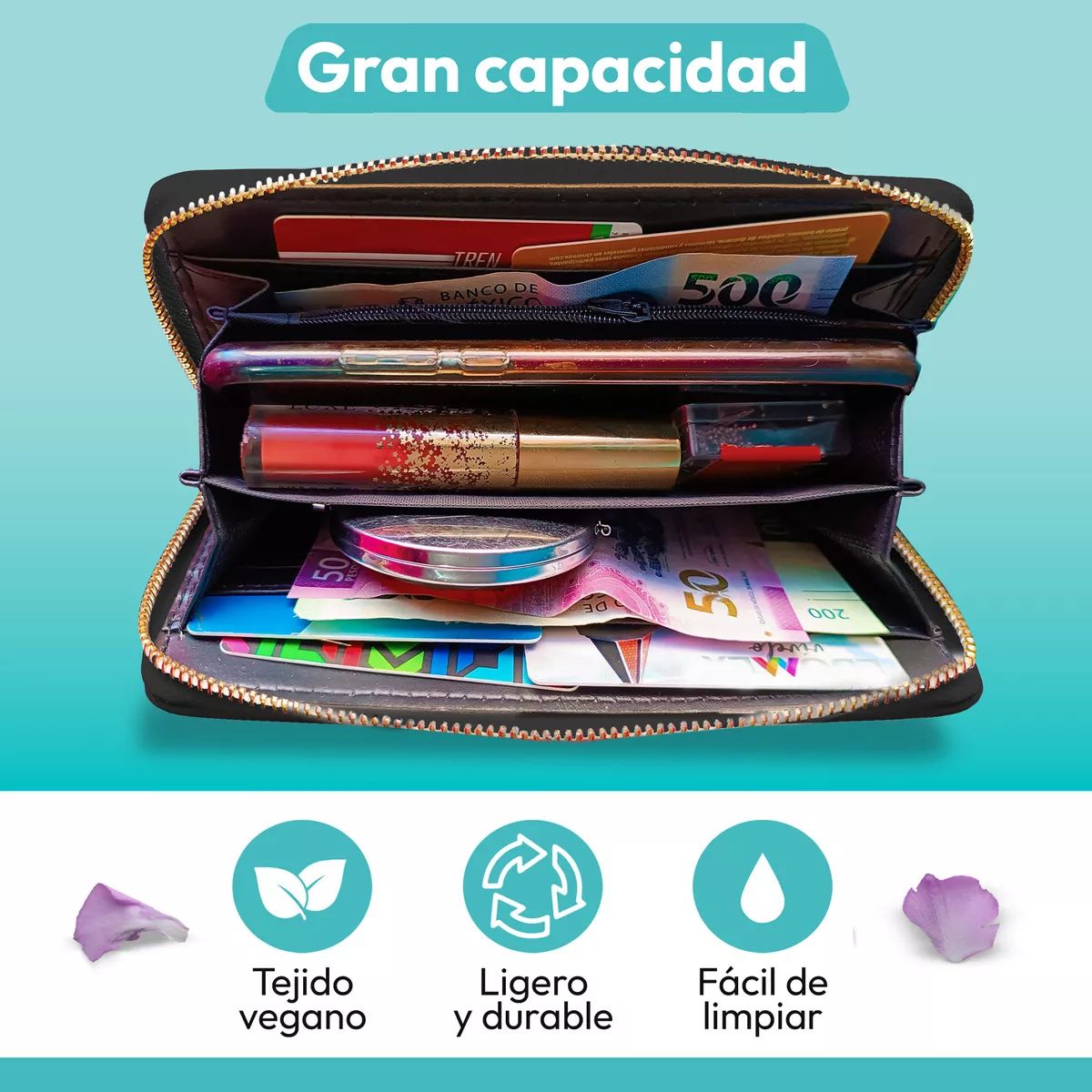 Foto 4 | Cartera Billeteras Tarjetera Moderna Para Dama Color Negro Diseño De La Tela Rayas