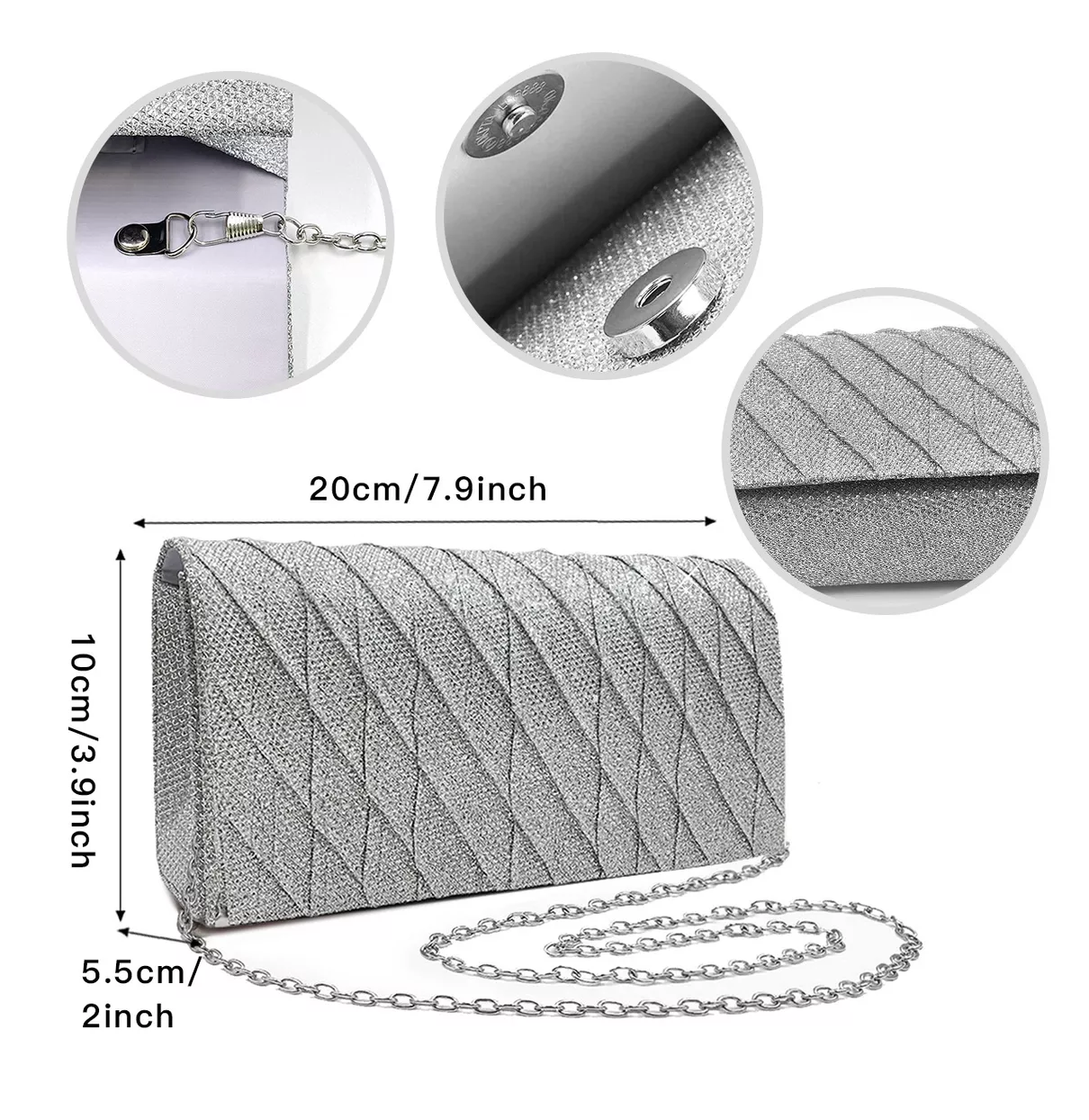 Foto 5 pulgar | Bolsa De Mano De Noche Para Fiesta Elegante Con Cadena, Plata