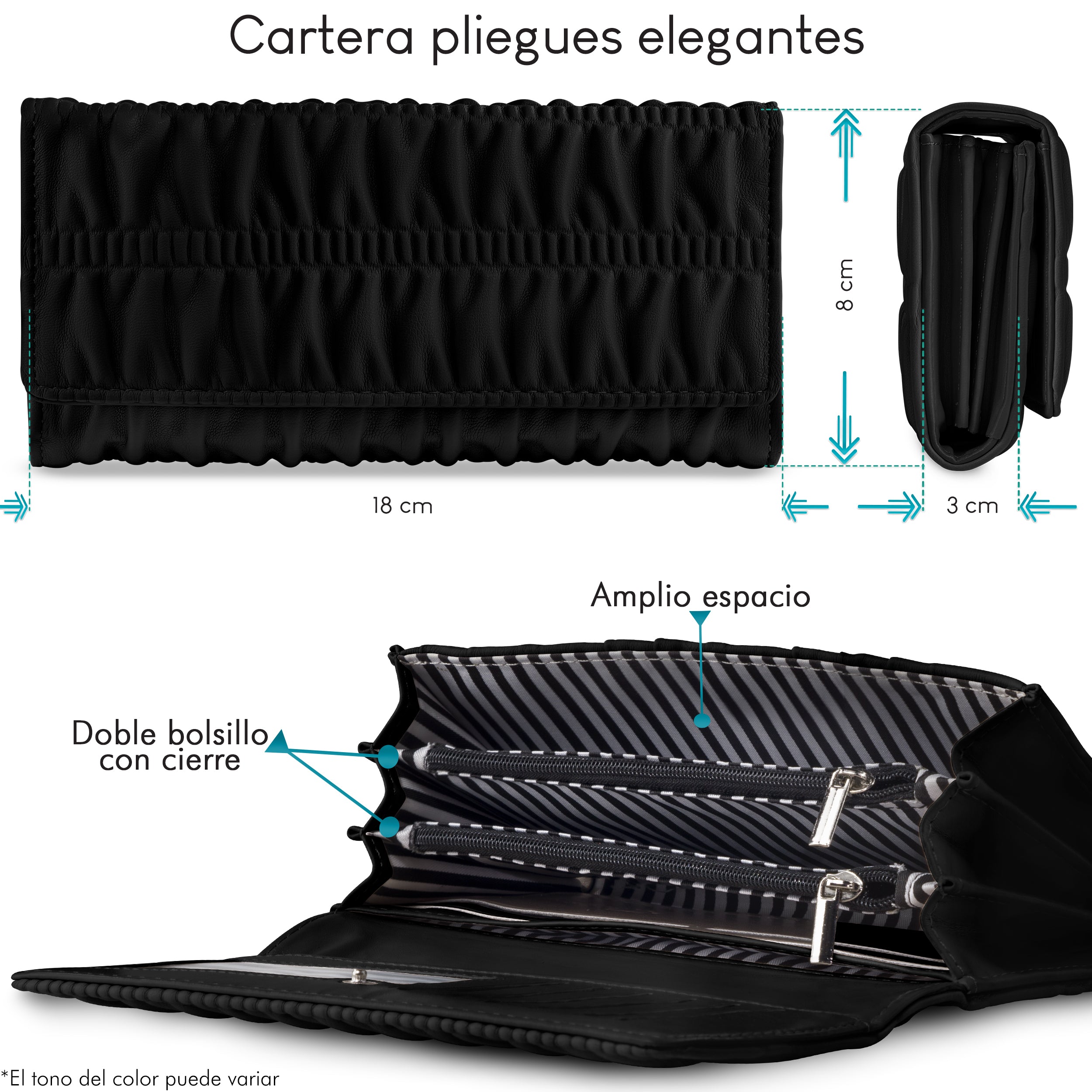 Foto 4 pulgar | Cartera Grande con Pliegues Negro