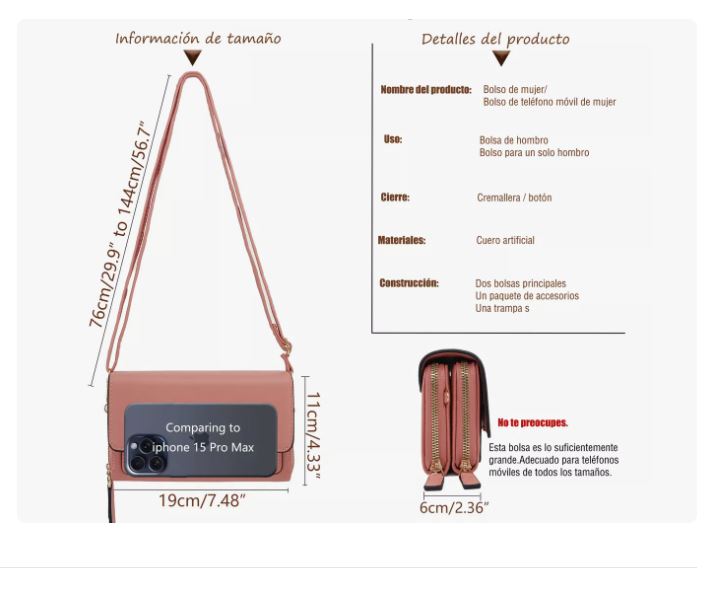 Foto 5 pulgar | Cartera Bolsa Mujer Hombro Correa Billetera Gran Capacidad Rosa Mexicano Xtellar