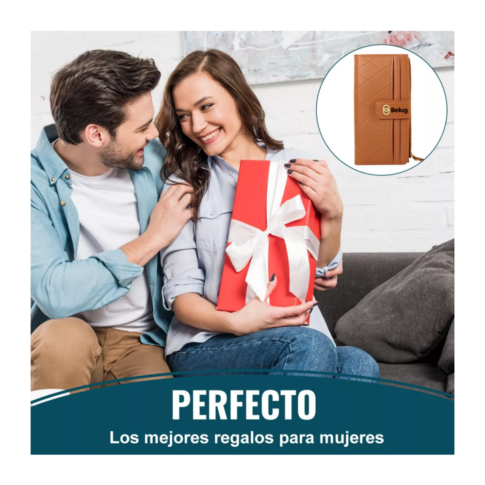 Foto 3 pulgar | Cartera Larga De Cuero Para Mujer, Marrón Belug