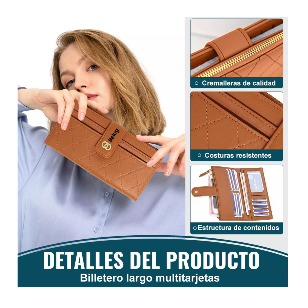 Foto 4 pulgar | Cartera Larga De Cuero Para Mujer, Marrón Belug