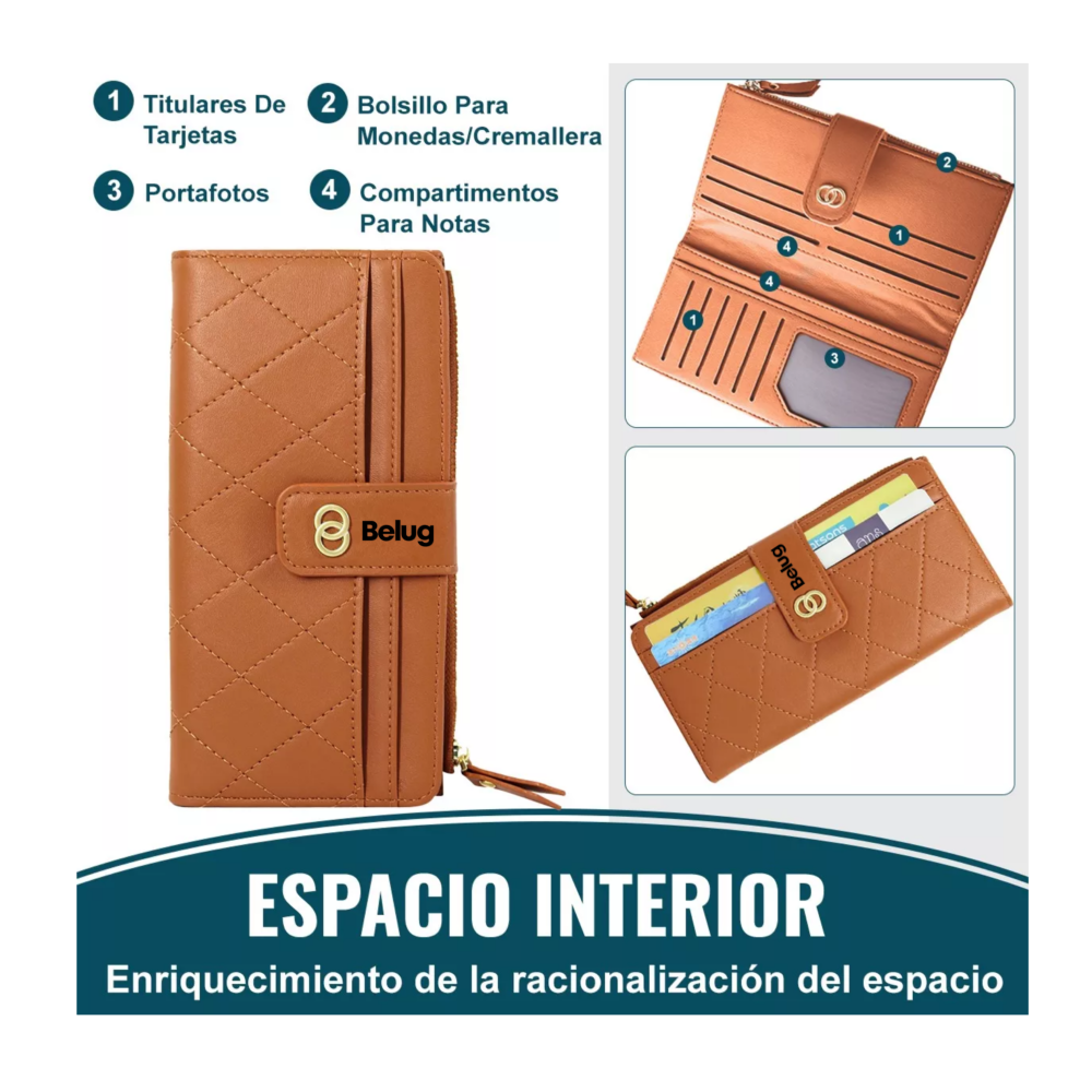 Foto 5 pulgar | Cartera Larga De Cuero Para Mujer, Marrón Belug