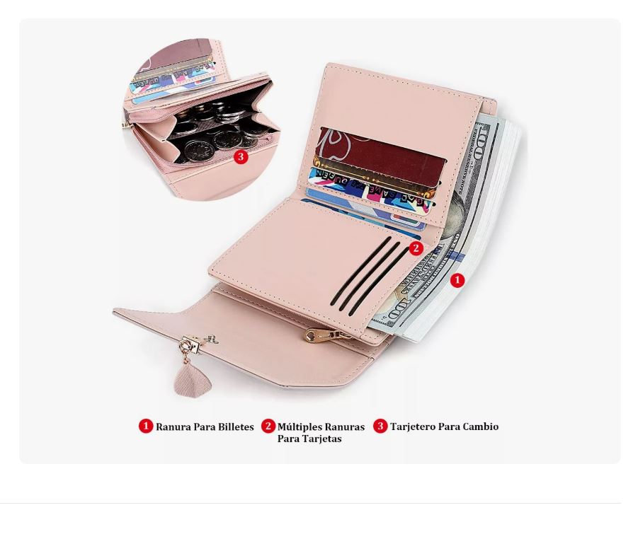 Foto 3 | Cartera Corta De Cuero Pu Con Hoja / Hebilla Para Mujer Rosa Xtellar