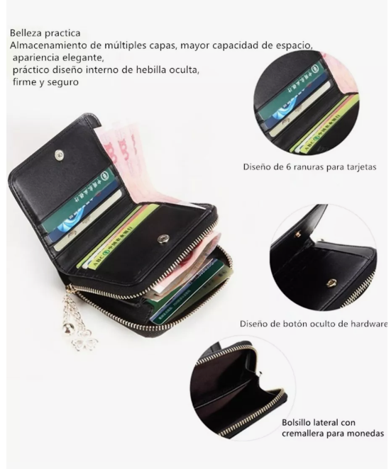 Foto 4 | Cartera Monedero Xtellar Mujer Billetera Cremallera Estilo Retr Color Negro