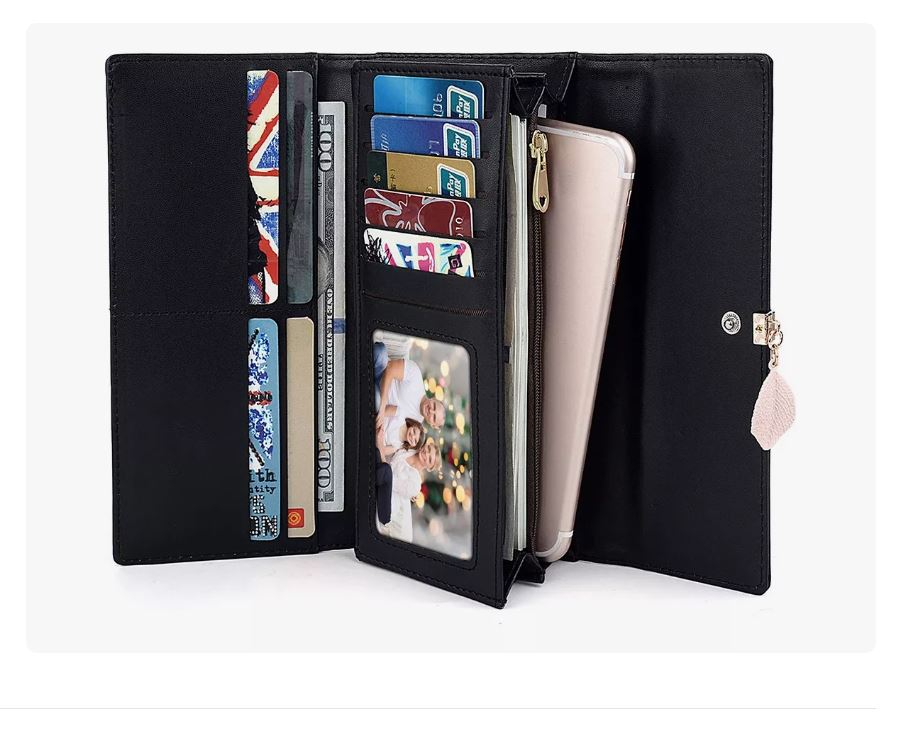 Cartera Con Colgante De Hoja De Cuero Pu Larga Para Mujer Negro Xtellar
