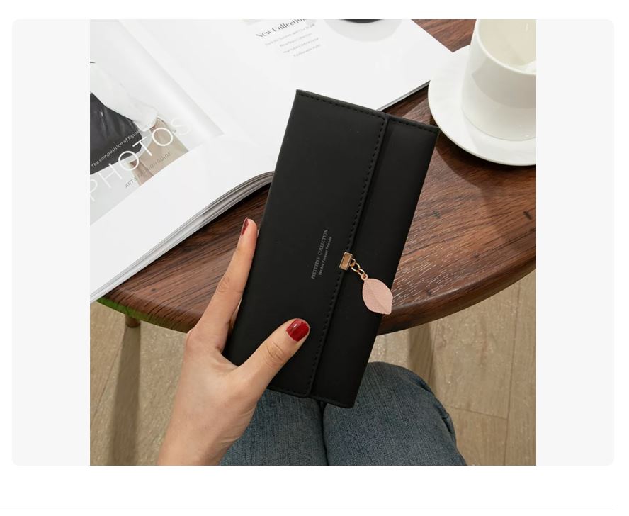 Foto 5 pulgar | Cartera Con Colgante De Hoja De Cuero Pu Larga Para Mujer Negro Xtellar