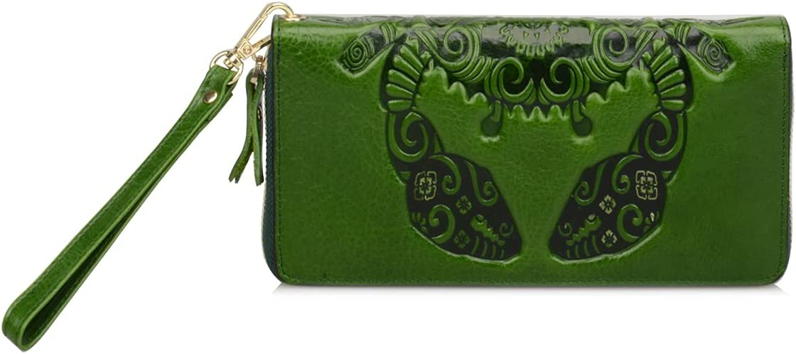 Foto 2 pulgar | Cartera Huoguo Flora De Piel Auténtica Para Mujer, Color Verde - Venta Internacional.