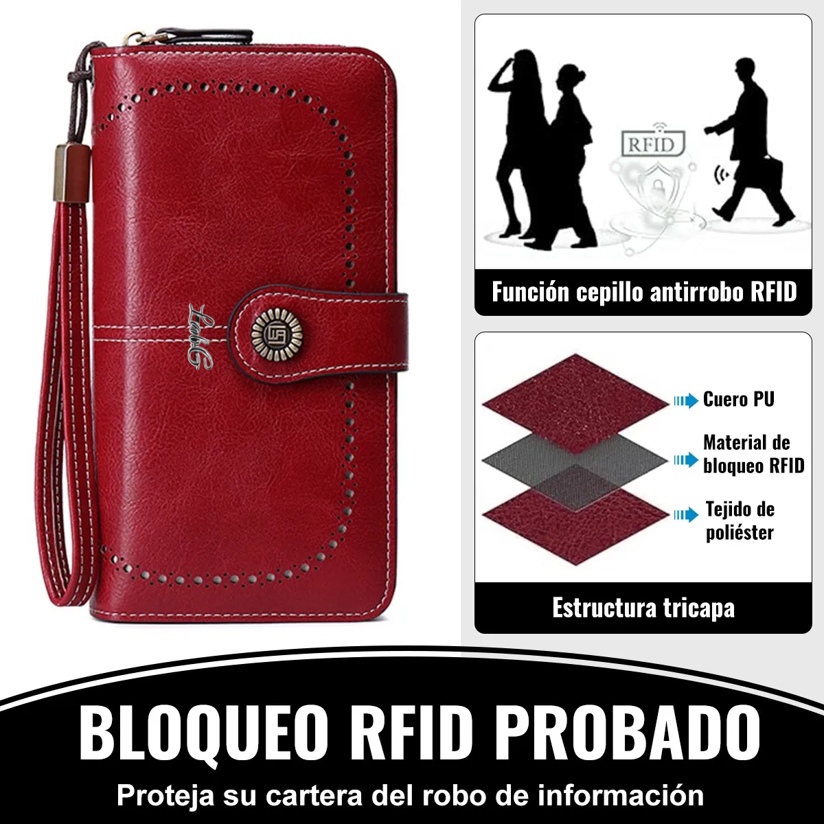 Foto 3 | Cartera Para Mujer Gran Capacidad, Billetera Con Bloqueo Rfid Lab.g Rojo