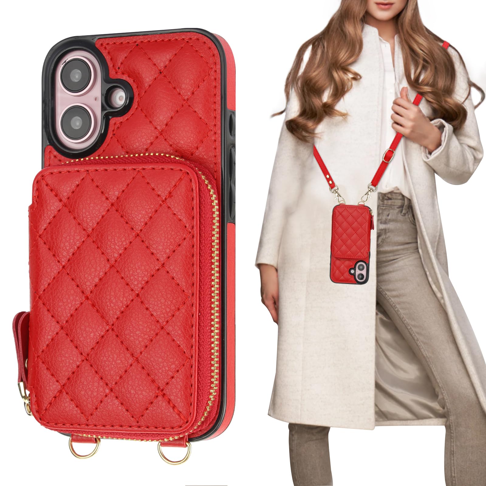Funda Tipo Cartera Tipo Bandolera Bocasal Para Iphone 16 De 6,1 Pulgadas Con Rfid, Color Rojo - Venta Internacional.