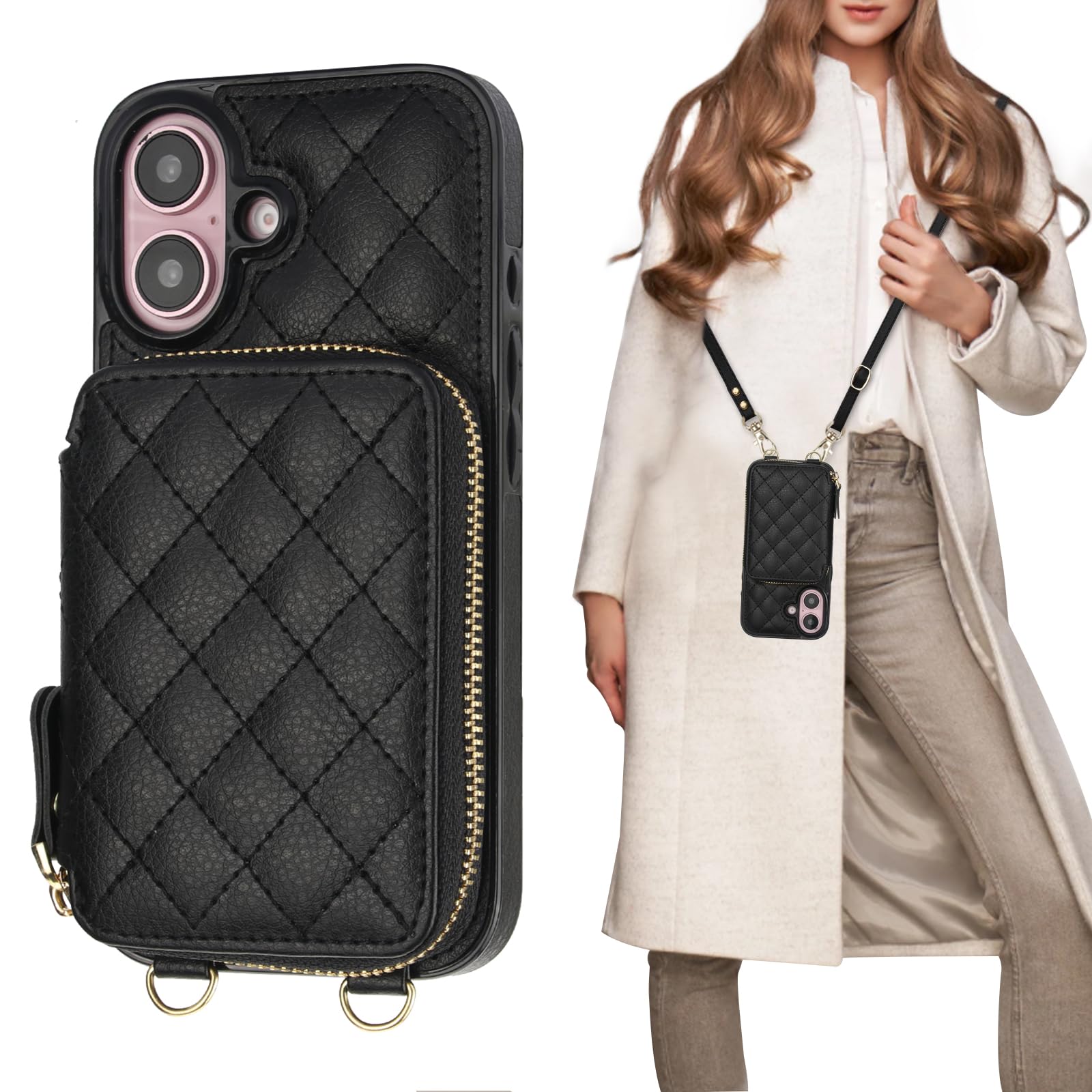 Funda Tipo Cartera Tipo Bandolera Bocasal Para Iphone 16 De 6,1 Pulgadas Con Rfid, Color Negro - Venta Internacional.