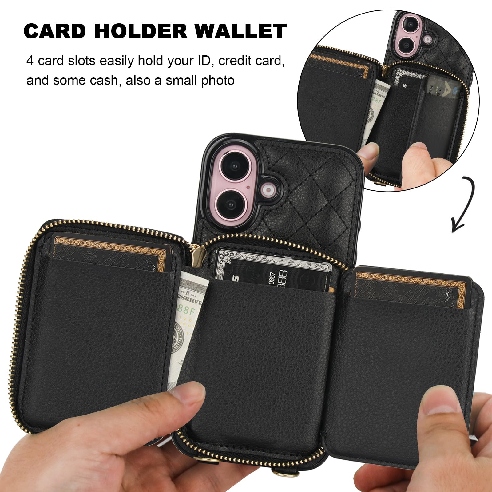 Foto 5 pulgar | Funda Tipo Cartera Tipo Bandolera Bocasal Para Iphone 16 De 6,1 Pulgadas Con Rfid, Color Negro - Venta Internacional.