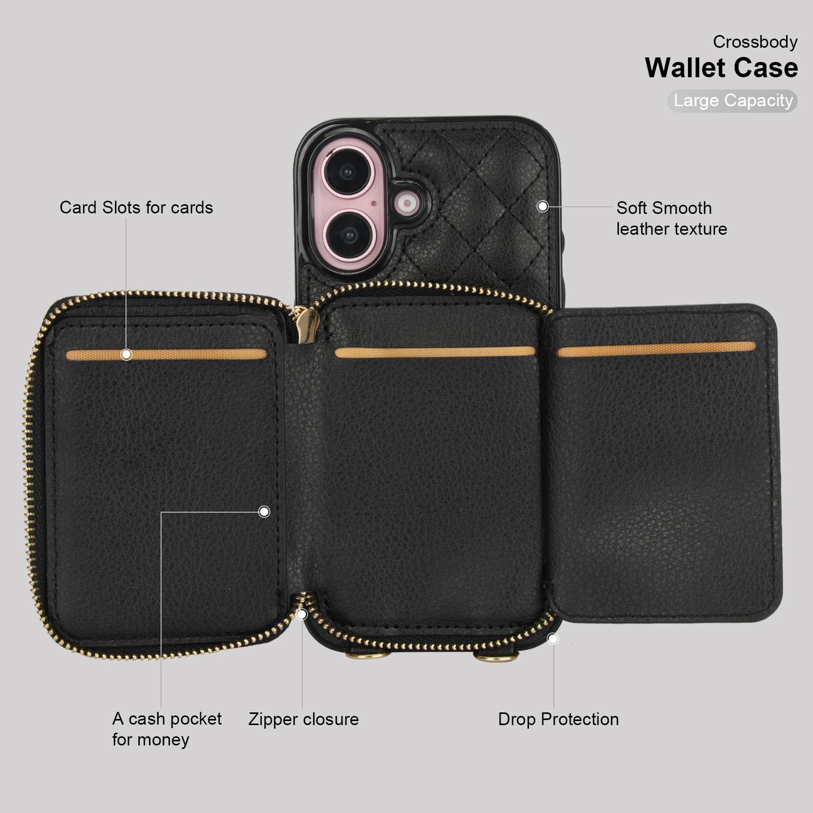 Foto 8 pulgar | Funda Tipo Cartera Tipo Bandolera Bocasal Para Iphone 16 De 6,1 Pulgadas Con Rfid, Color Negro - Venta Internacional.