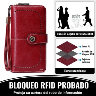 Foto 4 | Antirrobo Gran Capacidad Cartera Para Mujer Billetera Lab.g Rojo