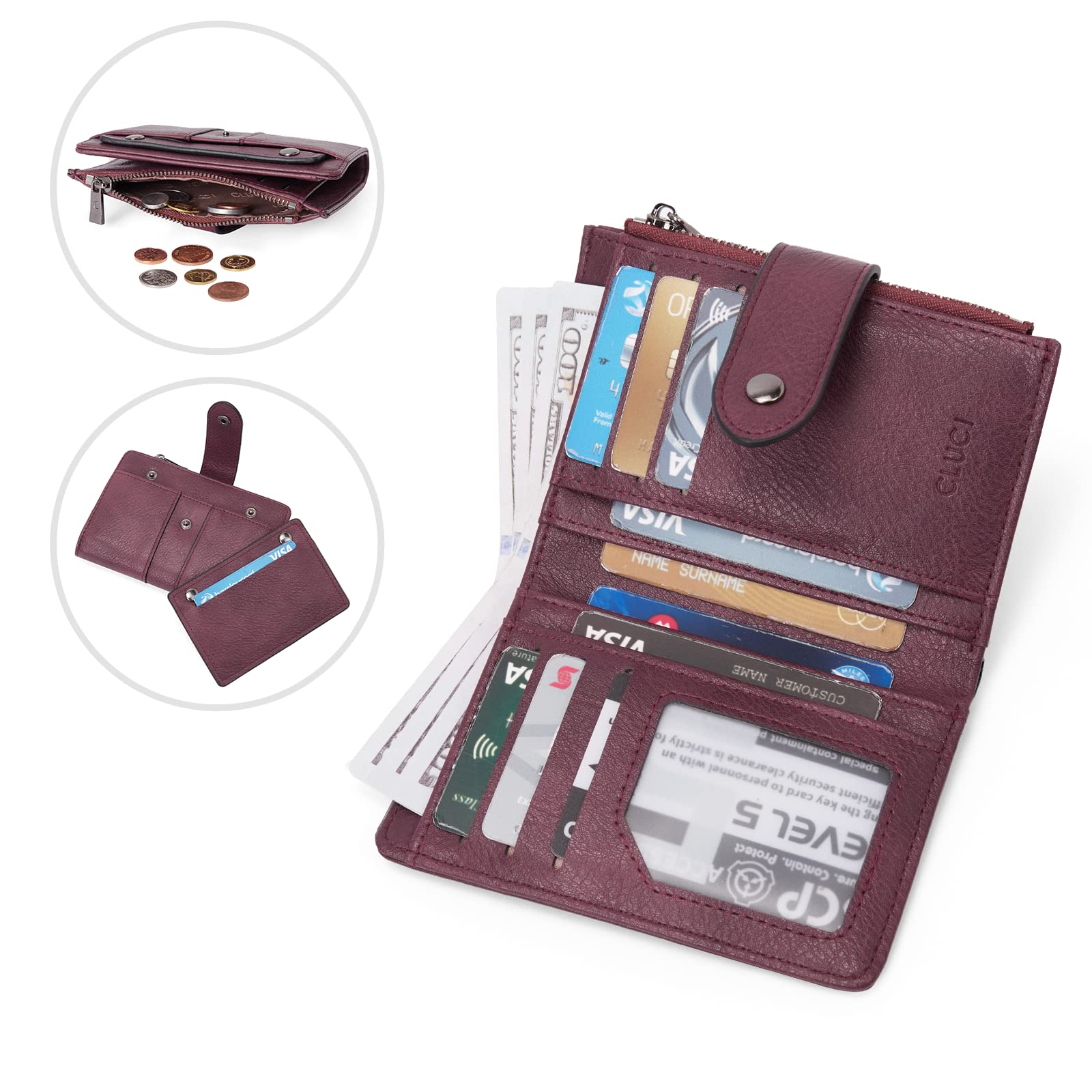 Foto 4 pulgar | Billetera Cluci Pequeña De Piel Con Doble Pliegue  Color Rojo Vino  Para Mujer - Venta Internacional.