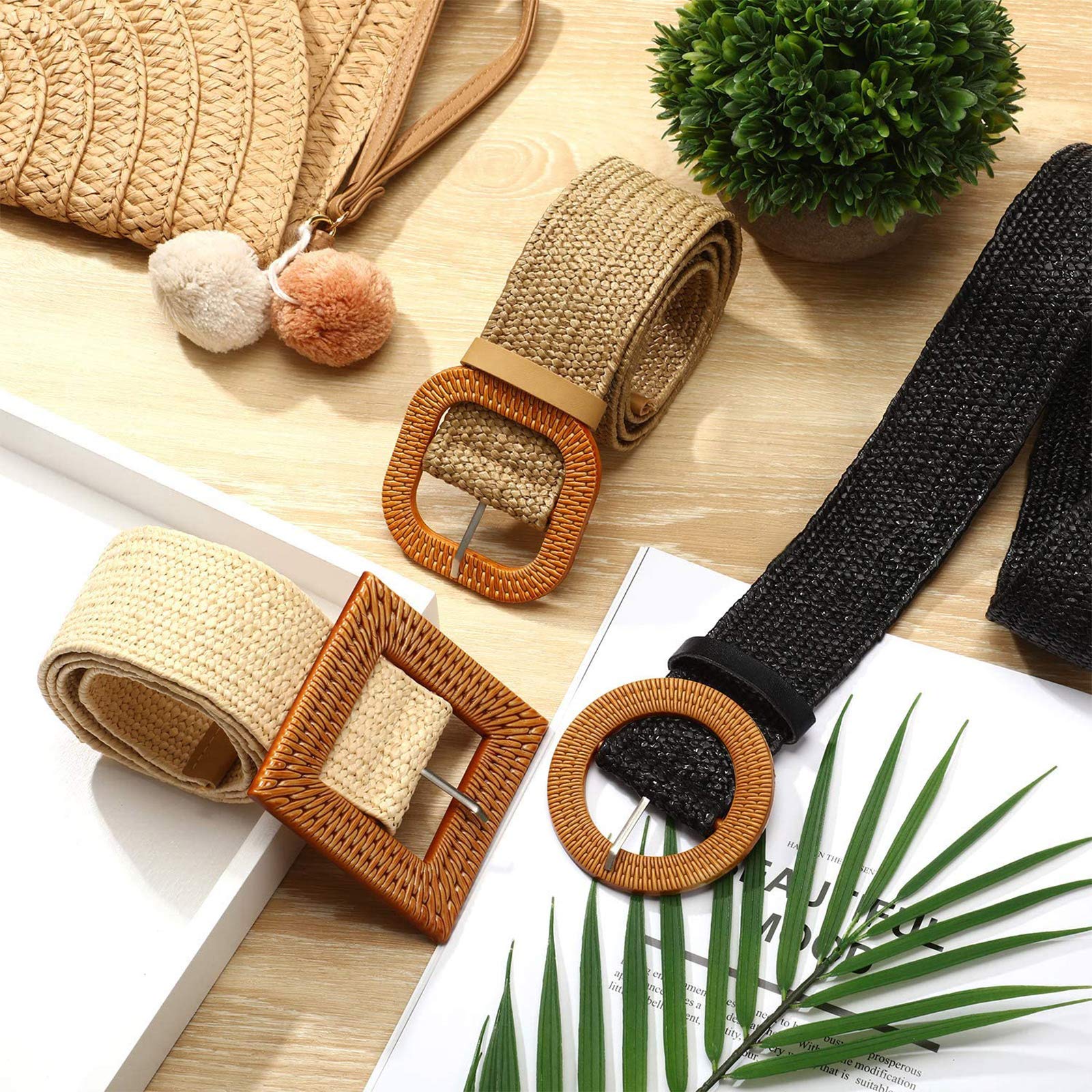 Foto 4 pulgar | Cinturón Elástico Syhood Tejido en Paja Negro Caqui y Beige para Mujer - Venta Internacional