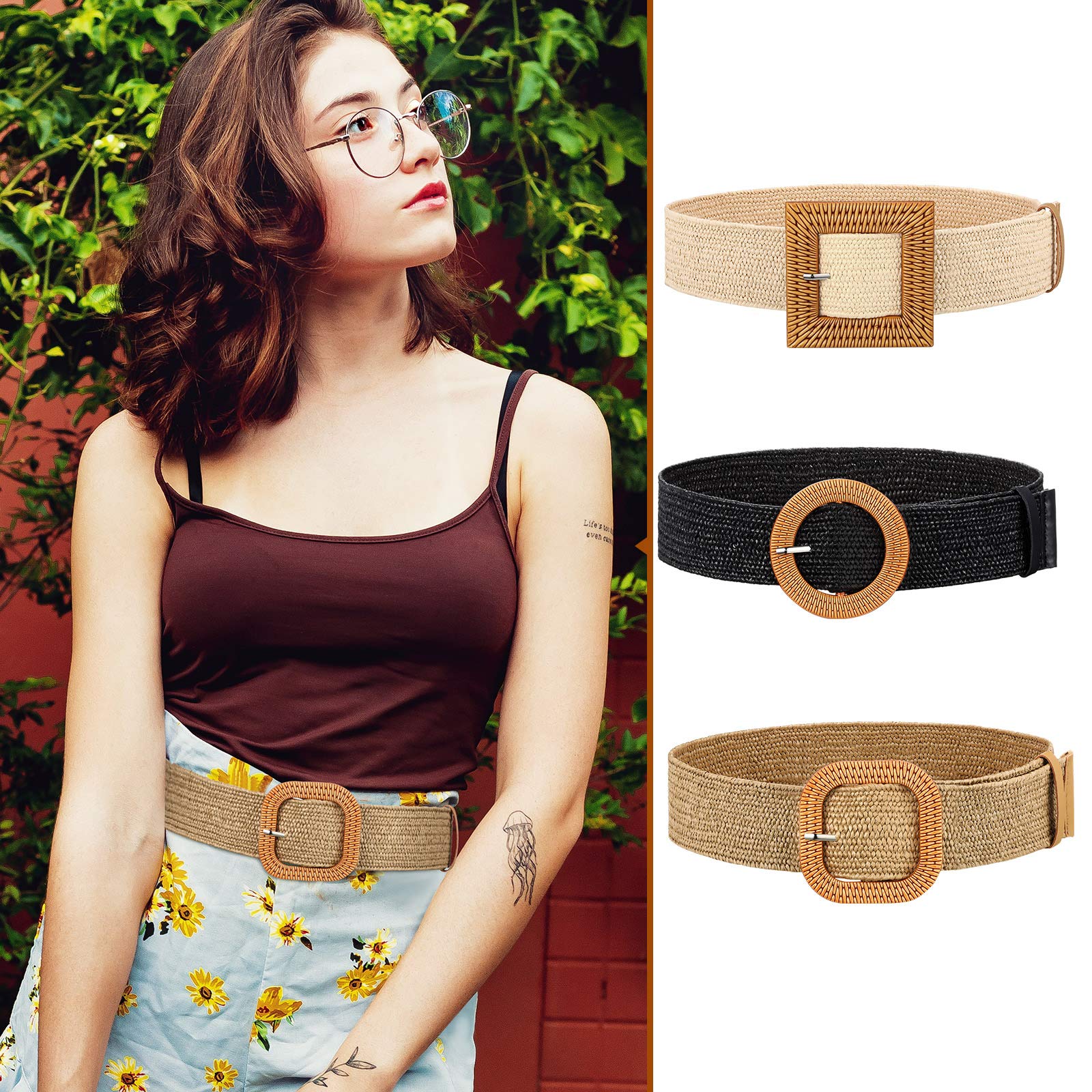 Foto 7 pulgar | Cinturón Elástico Syhood Tejido en Paja Negro Caqui y Beige para Mujer - Venta Internacional