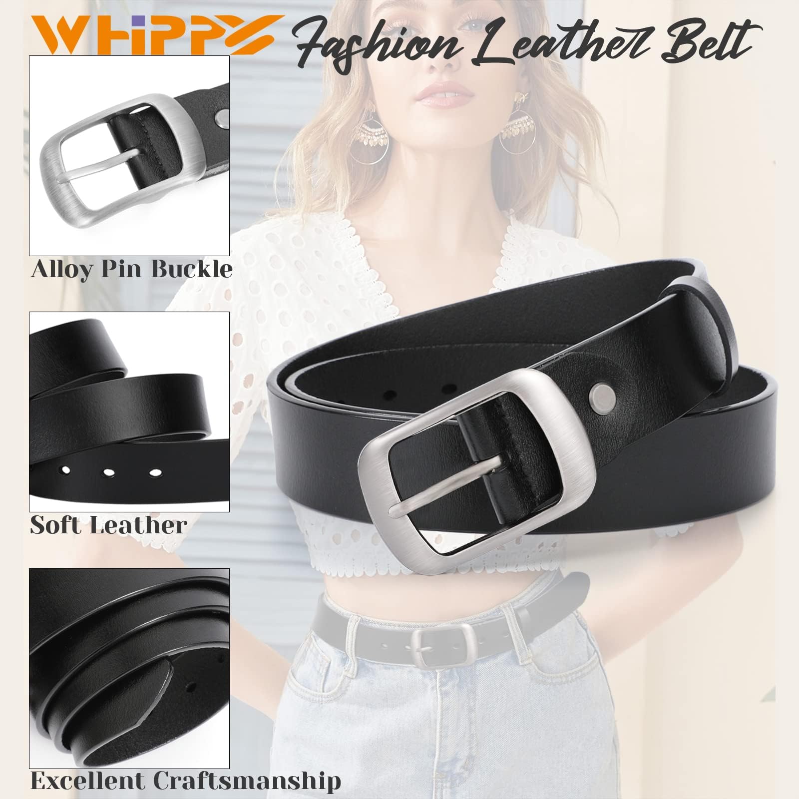 Foto 4 pulgar | Cinturón De Piel Whippy Para Mujer, Pantalones Vaqueros Con Hebilla, Color Negro - Venta Internacional.