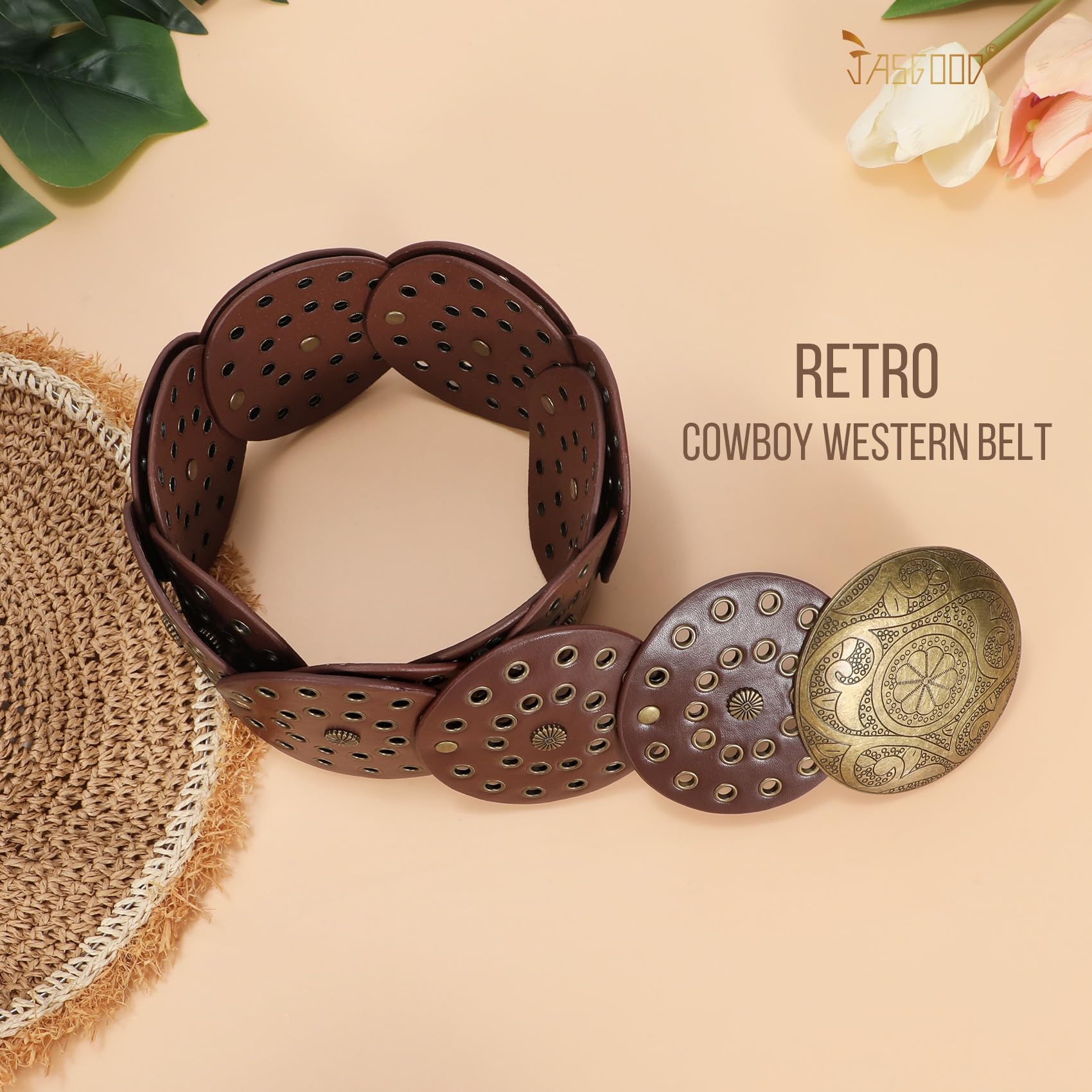 Foto 4 pulgar | Cinturón Vaquero Jasgood Wide Hollow Disc De Piel Para Mujer - Venta Internacional.