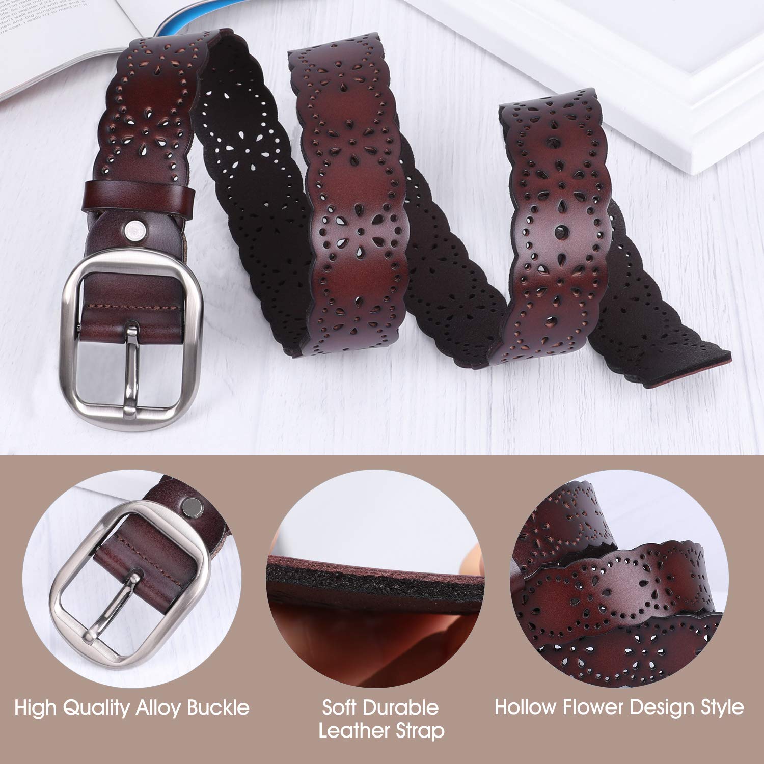 Foto 4 pulgar | Cinturón Jasgood De Piel De Vacuno Genuina Con Flor Hueca Para Mujer - Venta Internacional.