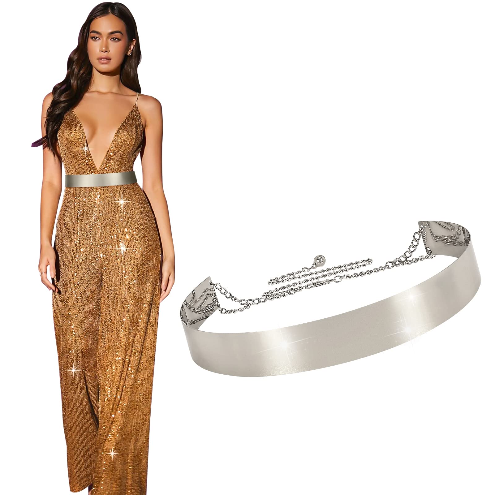 Foto 1 | Cinturón De Metal Xzqtive Con Cadena Plateada Brillante Con Espejo Pulido Para Mujer - Venta Internacional.